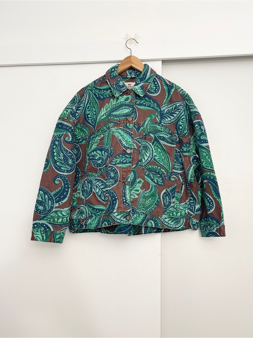 NWOT Free People Opal Swing Oversized Printed Denim Jacket Size Medium